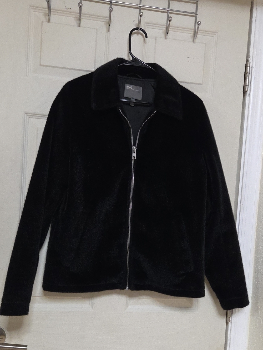 ASOS Black Loose Fit Fluffy Faux Fur Zip Up Jacket Coat Size Small.